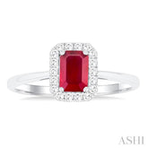 6x4 MM Octagonal Shape Ruby and 1/6 Ctw Round Cut Diamond Halo Precious Ring in 10K White Gold